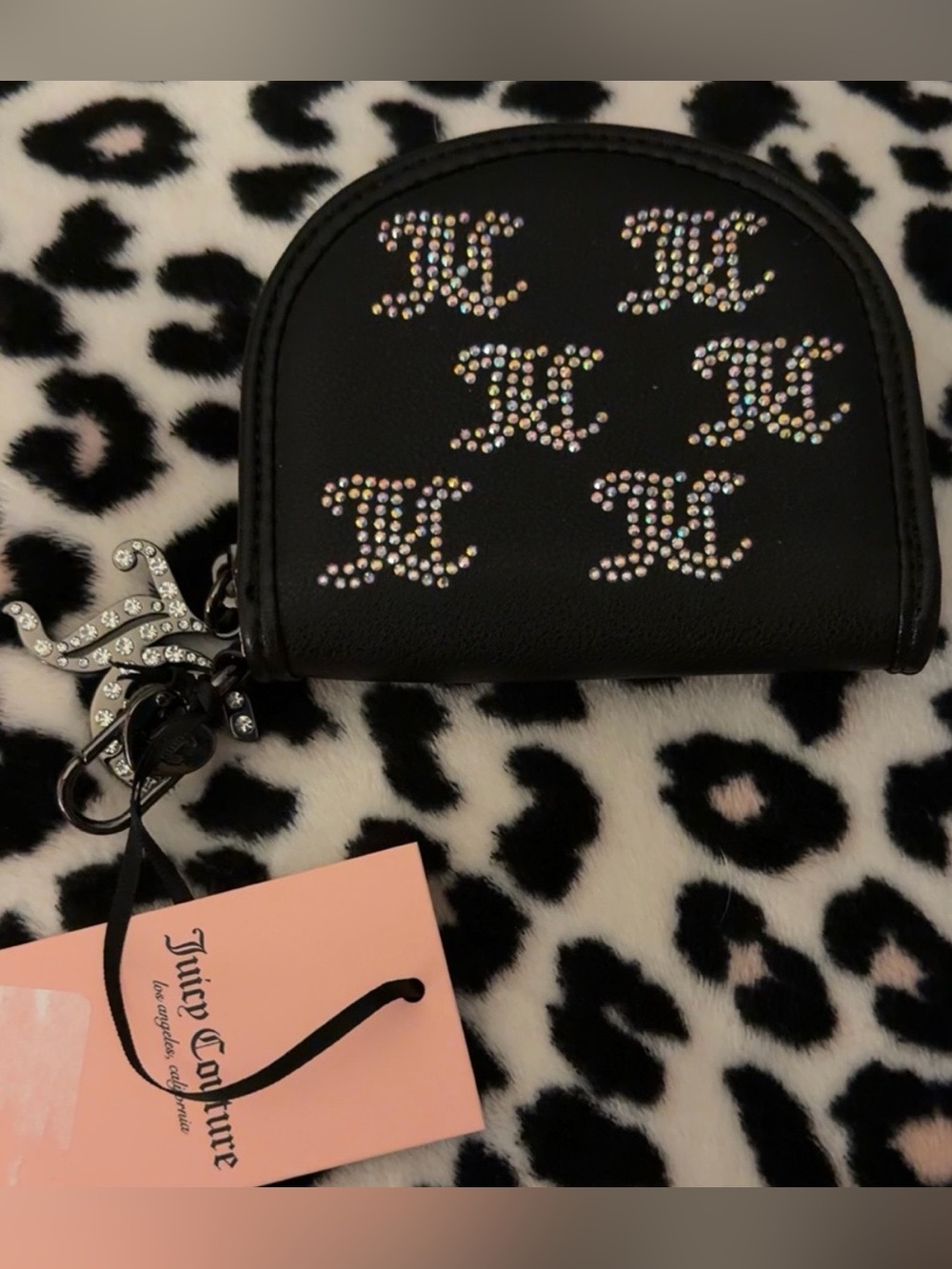 Juicy Couture Black Crystal Logo Coin Pouch with Rhinestone Charm